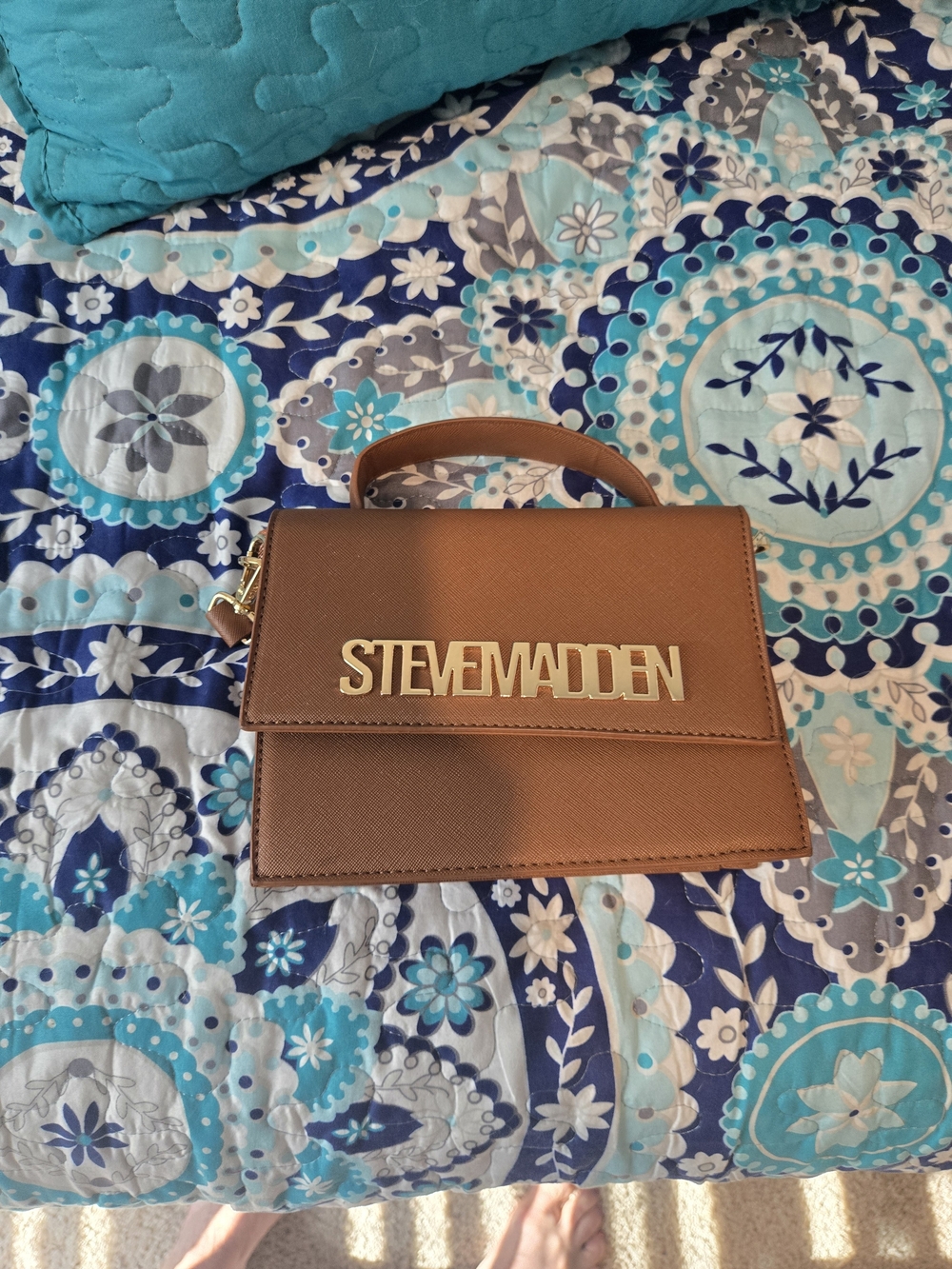 Steve Madden Brown Structured Top-Handle Bag with Gold Logo
